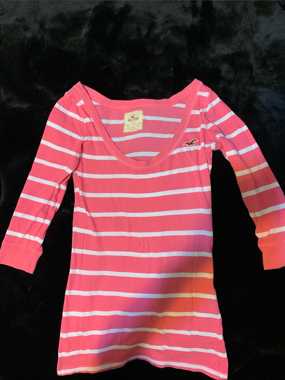 Hollister Pink and White Striped Scoop Neck 3/4 Sleeve Tee